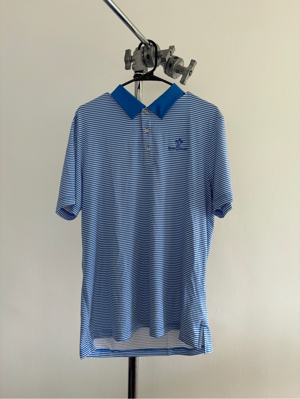 adidas Men's Light Blue Striped Polo with Bright Blue Collar